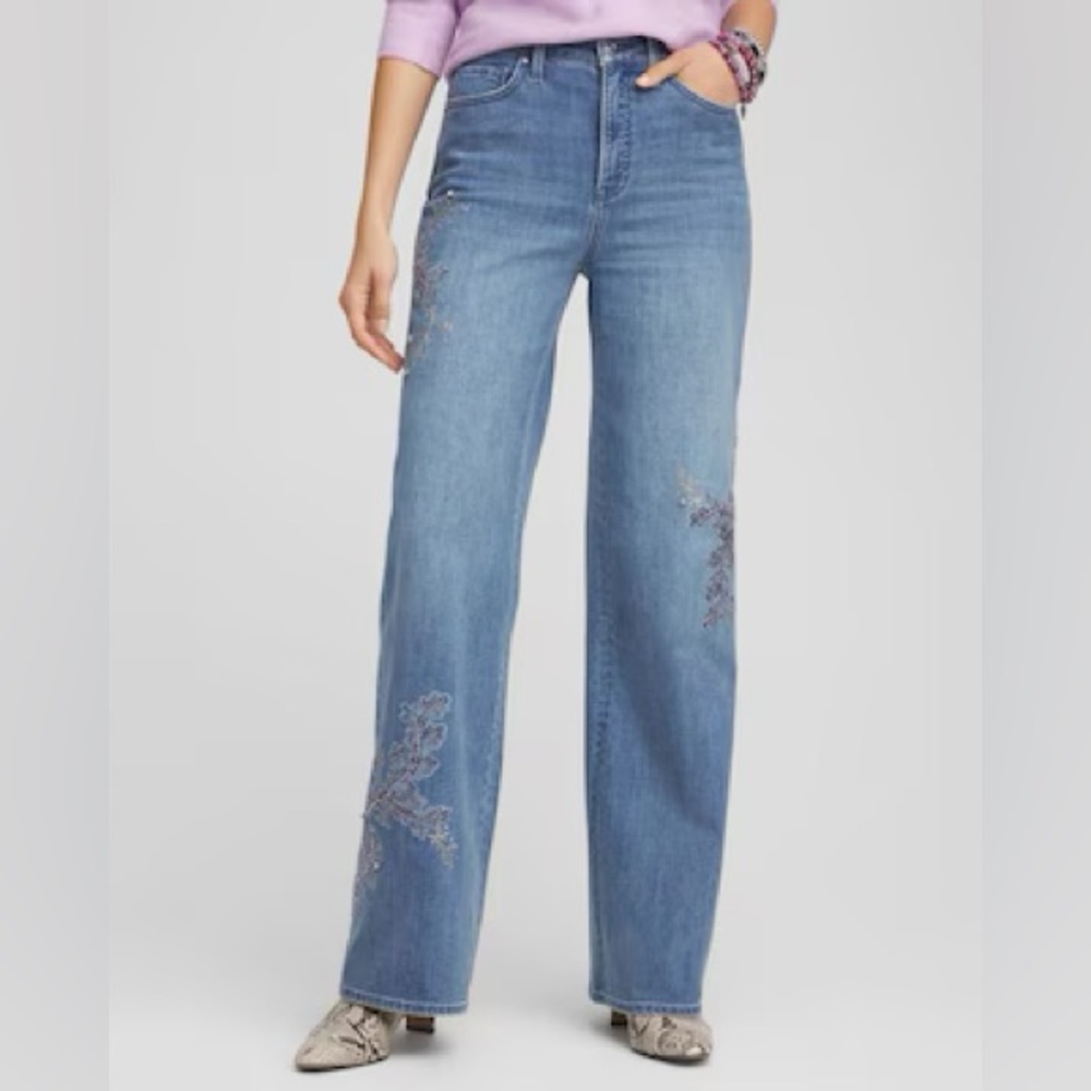 Chico’s So Slimming Embellished High Rise Wide Leg Jeans Size 14 Artistic Boho